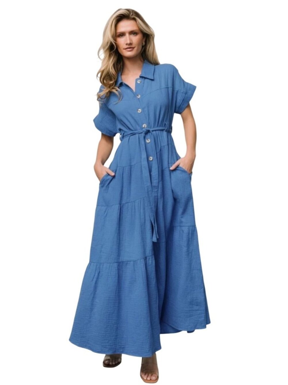 Baltic Born Aizey Blue Button-Up slub cotton gauzy Maxi Dress Womens Size L